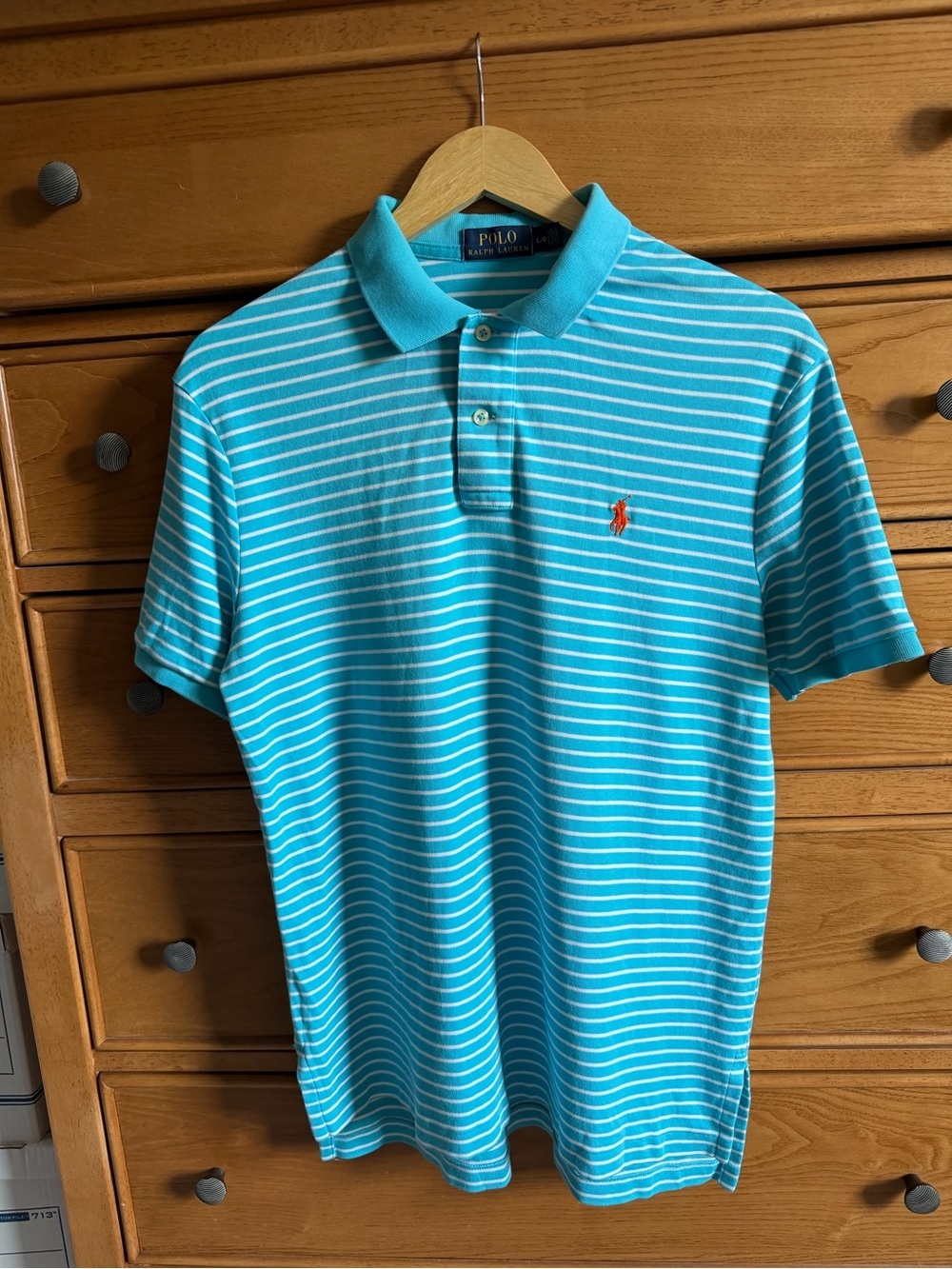 Polo Ralph Lauren Polo Shirt Mens L Medium Fit Blue Stripe Knit Casual Logo